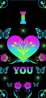 Colorful heart with butterflies and flowers on a black background.