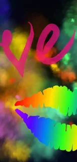 Colorful love-themed wallpaper with rainbow lips.