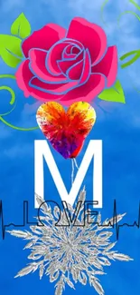Vibrant art mobile wallpaper with rose and heart design.