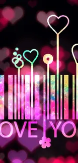 Colorful barcode with hearts and 'I Love You' text on dark background.