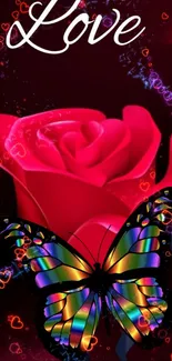 Colorful butterfly with red rose love theme wallpaper.