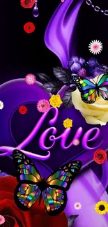 Purple love wallpaper with butterflies and flowers.