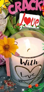 Candle with love text, flowers, and comics in vibrant wallpaper.