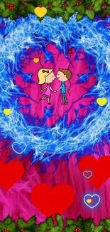 Romantic cartoon couple in vibrant heart design wallpaper.