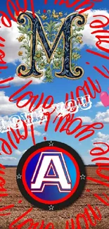 Wallpaper with ornate letters, red "I Love You" text, clouds, and heart symbol.