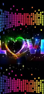 Colorful LOVE wallpaper with rainbow theme on black background.