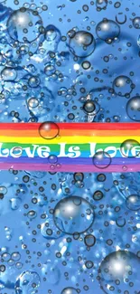 Rainbow love on blue bubble background wallpaper.