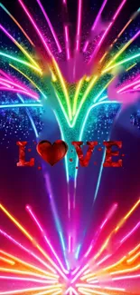 Colorful neon fireworks spelling 'Love' on mobile wallpaper.