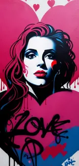 Graffiti art wallpaper with a woman and pink heart theme, vibrant street style.