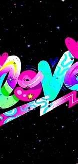 Colorful graffiti love text with hearts on a starry black background.