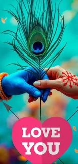 Hands holding a peacock feather with love symbol.