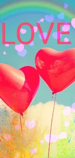 Red heart balloons with rainbow and 'LOVE' on blue sky wallpaper.