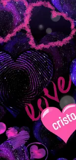 Mobile wallpaper with pink and purple hearts and love theme.