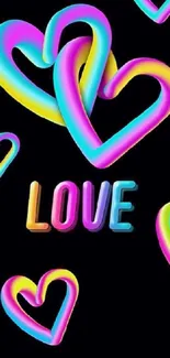 Vibrant neon hearts with love text on black background.