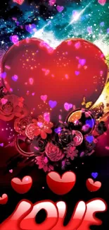 Romantic wallpaper with red heart and colorful roses.