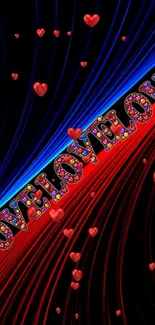 Colorful love-themed wallpaper with red and blue stripes and heart patterns.