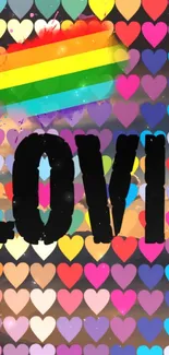 Vibrant wallpaper with love text and colorful hearts.