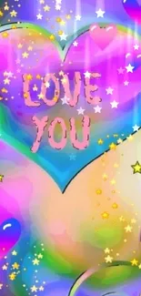 Vibrant heart wallpaper with love message and stars.