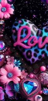 Colorful love heart and butterflies on a purple background.