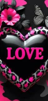 Vibrant leopard print heart wallpaper with flowers.