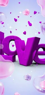 Purple 3D love text with hearts wallpaper.