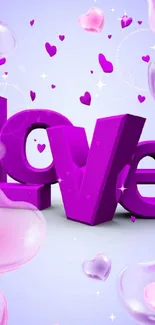 3D 'Love' wallpaper with purple hearts.