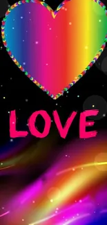 Rainbow heart with LOVE text on cosmic background.