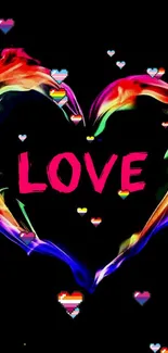 Vibrant neon love heart with pixel heart accents on black background.