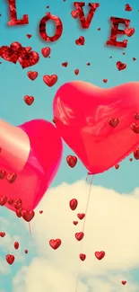 Two red heart-shaped balloons floating in a blue sky with white clouds.