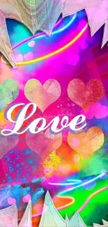 Vibrant love-themed wallpaper with colorful hearts and neon accents.