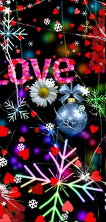 Vibrant love wallpaper with colorful snowflakes and hearts on a black background.