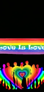 Colorful 'Love Is Love' rainbow design with vibrant silhouettes and heart.