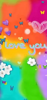 Vibrant mobile wallpaper with love note and colorful hearts.