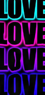 Neon text 'LOVE' glowing in pink, blue, and cyan on a black background.