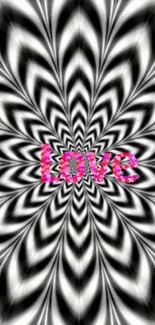 Love-themed wallpaper with black and white optical illusion and pink floral text.