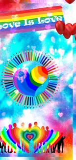 Vibrant love and pride wallpaper with rainbow heart and unity theme.