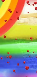 Colorful wallpaper with red hearts and rainbow background.