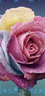 Colorful rose with water droplets on wallpaper.