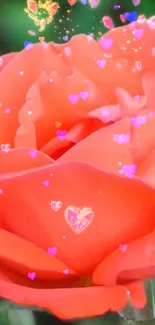 Orange rose with pink hearts mobile wallpaper.