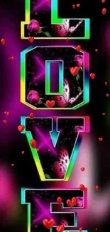 Vibrant love text with colorful gradient and floral patterns on black background.