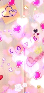 Vibrant love-themed wallpaper with hearts and doodles on a wooden background.