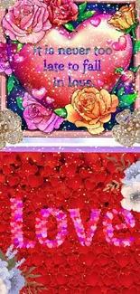 Vibrant love-themed wallpaper with roses and hearts