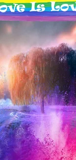 Vibrant tree with rainbow splashes and 'Love Is Love' text.