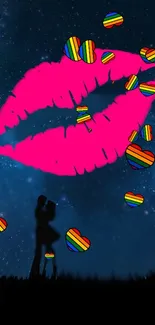 Pink lips with rainbow hearts on a night sky background.