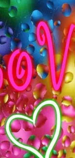 Colorful neon love wallpaper with raindrop effect and heart design.