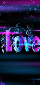 Colorful love typography on a black background mobile wallpaper.