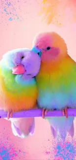 Vibrant lovebirds on a pink background.