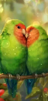 Two lovebirds perched closely on a branch, surrounded by green and red foliage.