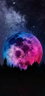 Vibrant multicolored moon in a starry night sky over a forest silhouette.