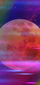 Vibrant moon with colorful cosmic design against a purple night sky backdrop.